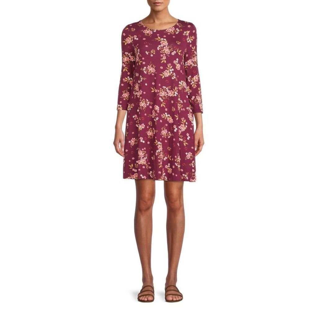 Womens Time & Tru Relaxed Fit Floral 3/4 Sleeve Pocket Dress - Sz L